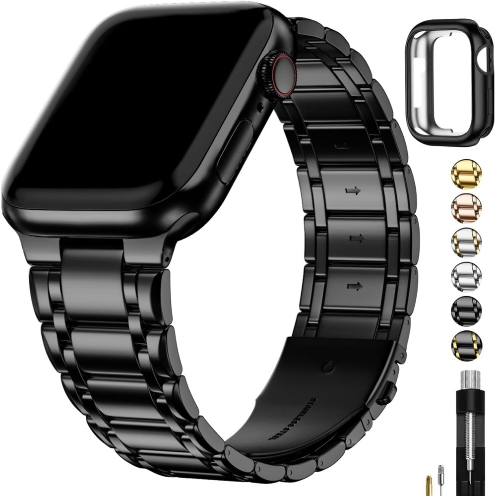 NIB Fullmosa black chain link Apple Watch band, screen cover & tool set 42/44/45